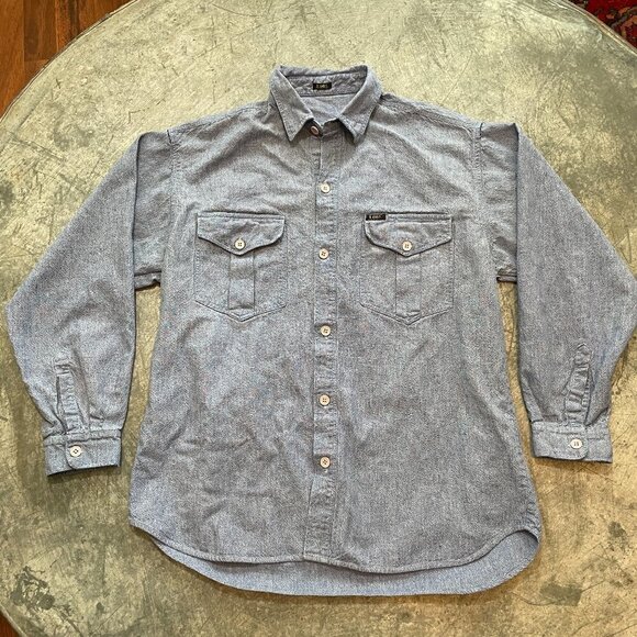 Vintage Lee Leather Patch Denim Button Up Shirt Large - Picture 1 of 10